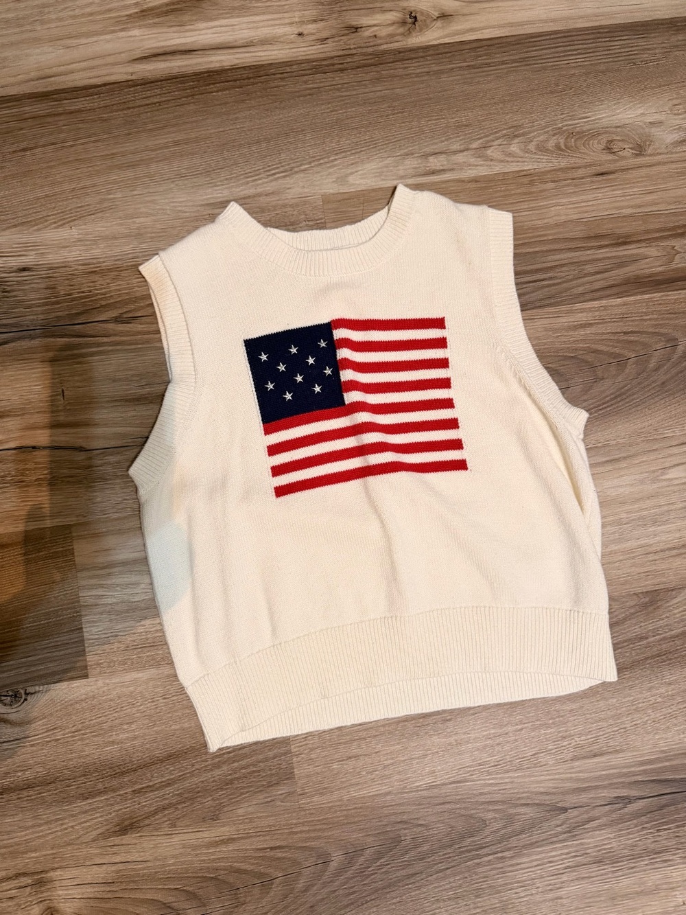 Sadie & Sage Cream Knit Flag Sweater Vest with Red & Navy Graphic